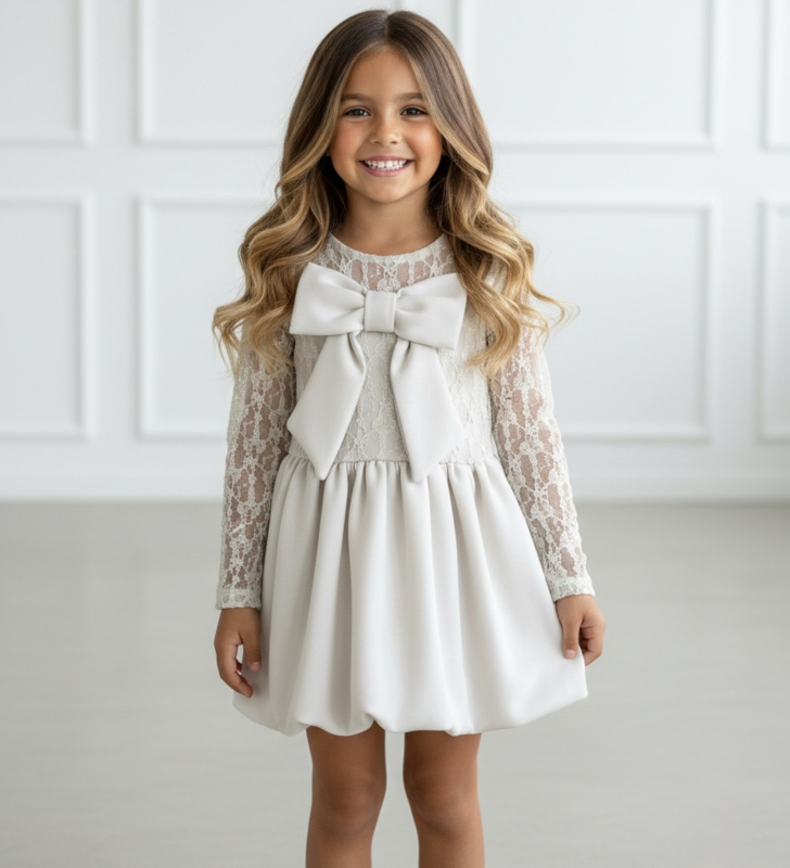 Royal Bow Lace Party Dress - beige