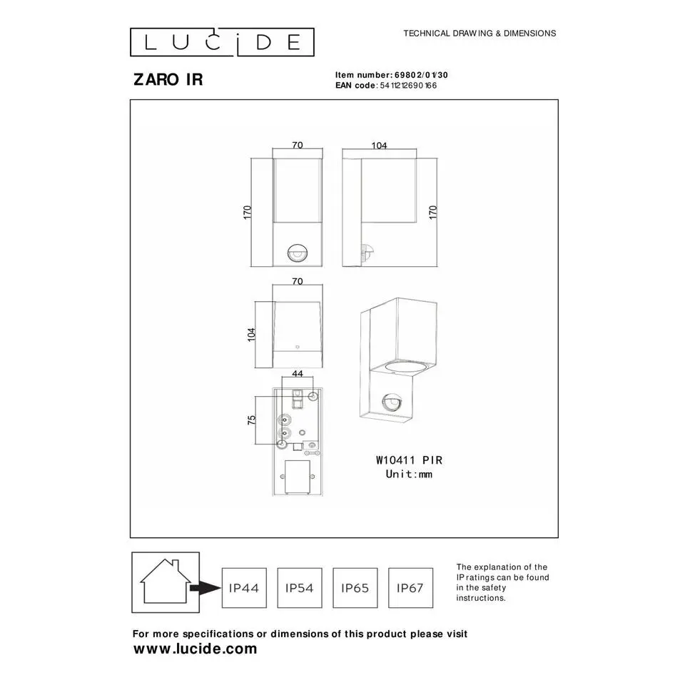 Lucide ZARO IR Wandspot - Zwart