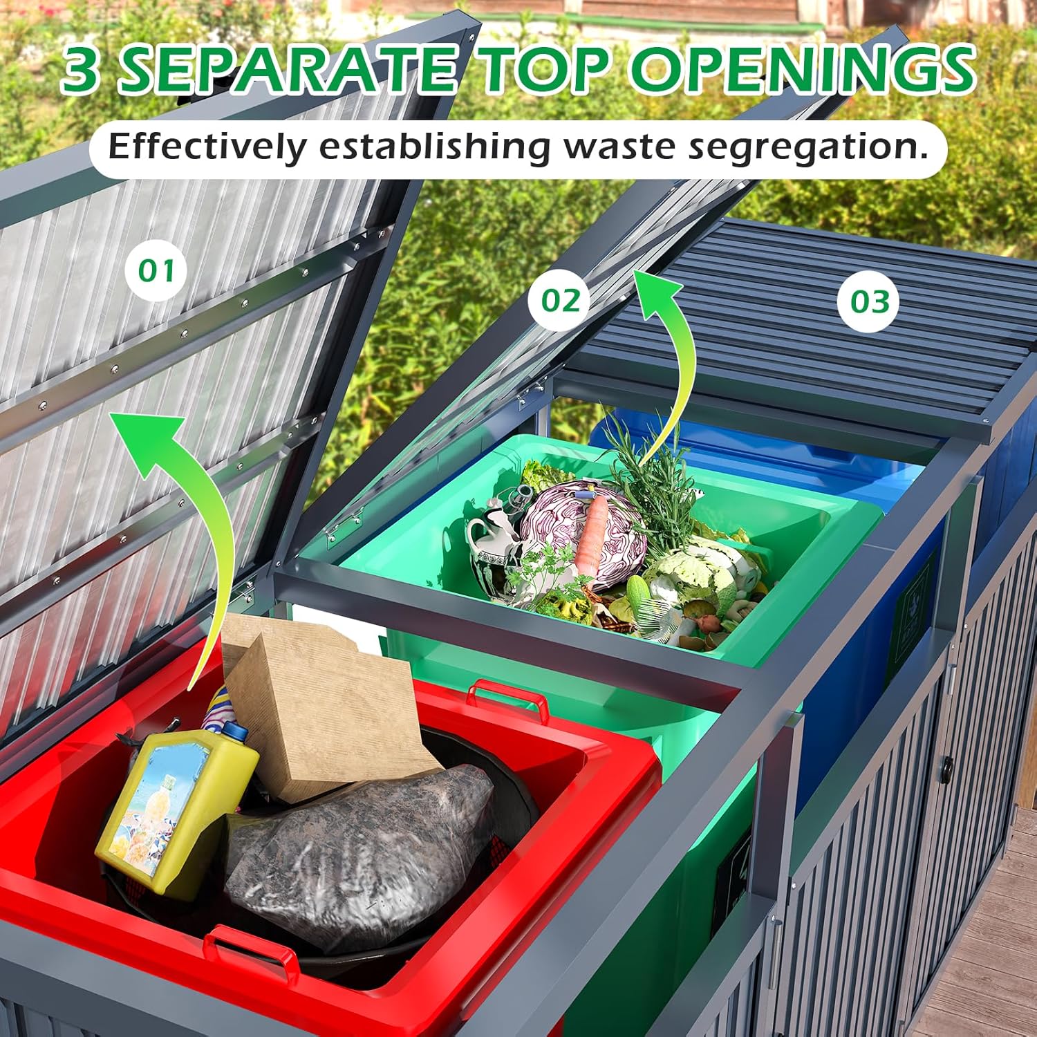 YODOLLA Mülltonnenbox 3er, Mülltonnenverkleidung 3 Tonnen bis 240L, Abschließbar Gartenschrank Wetterfest Geräteschuppen für den Außenbereich, 236x79x124cm, Dunkelgrau