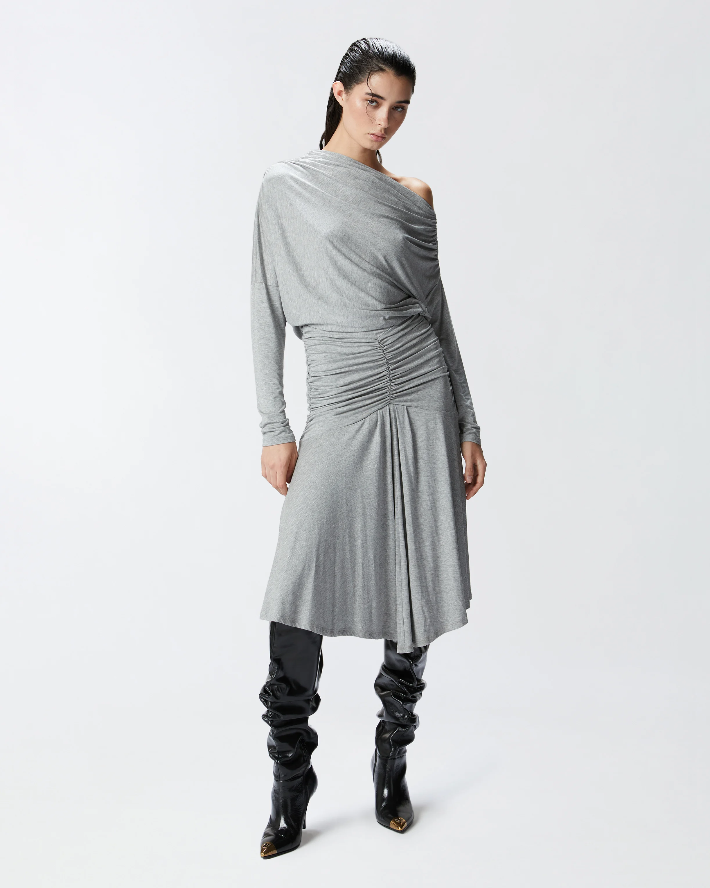 Robe midi drapée à épaule nue | Gris