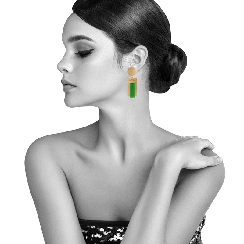 Boucles d'Oreilles Laiton Doré Disque et Rectangle Coloré