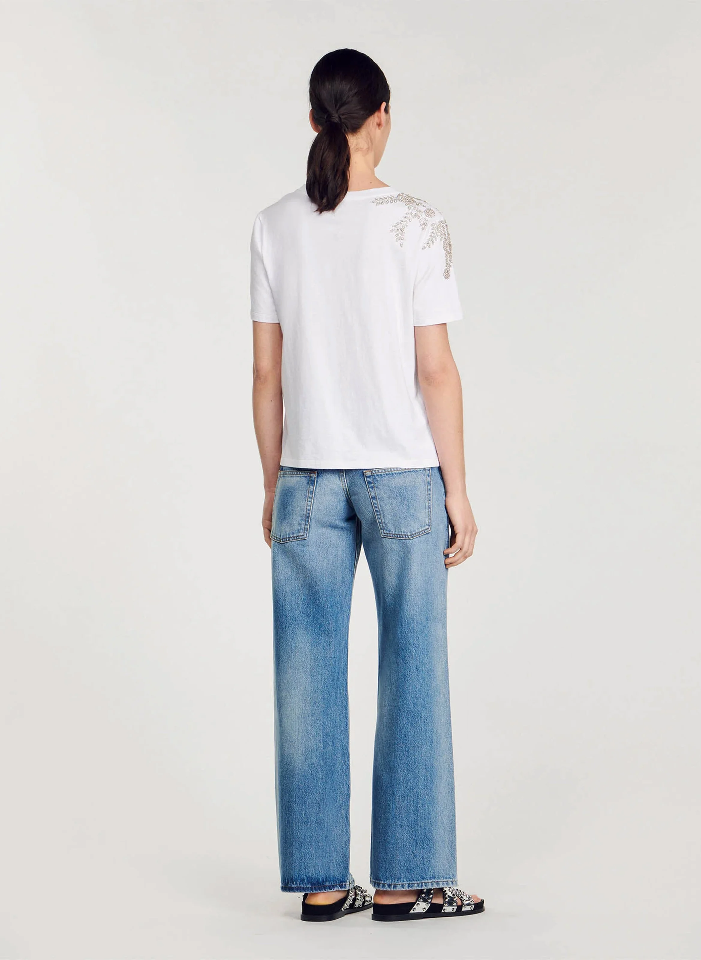 Tee-shirt col rond à sequins en coton| Blanc