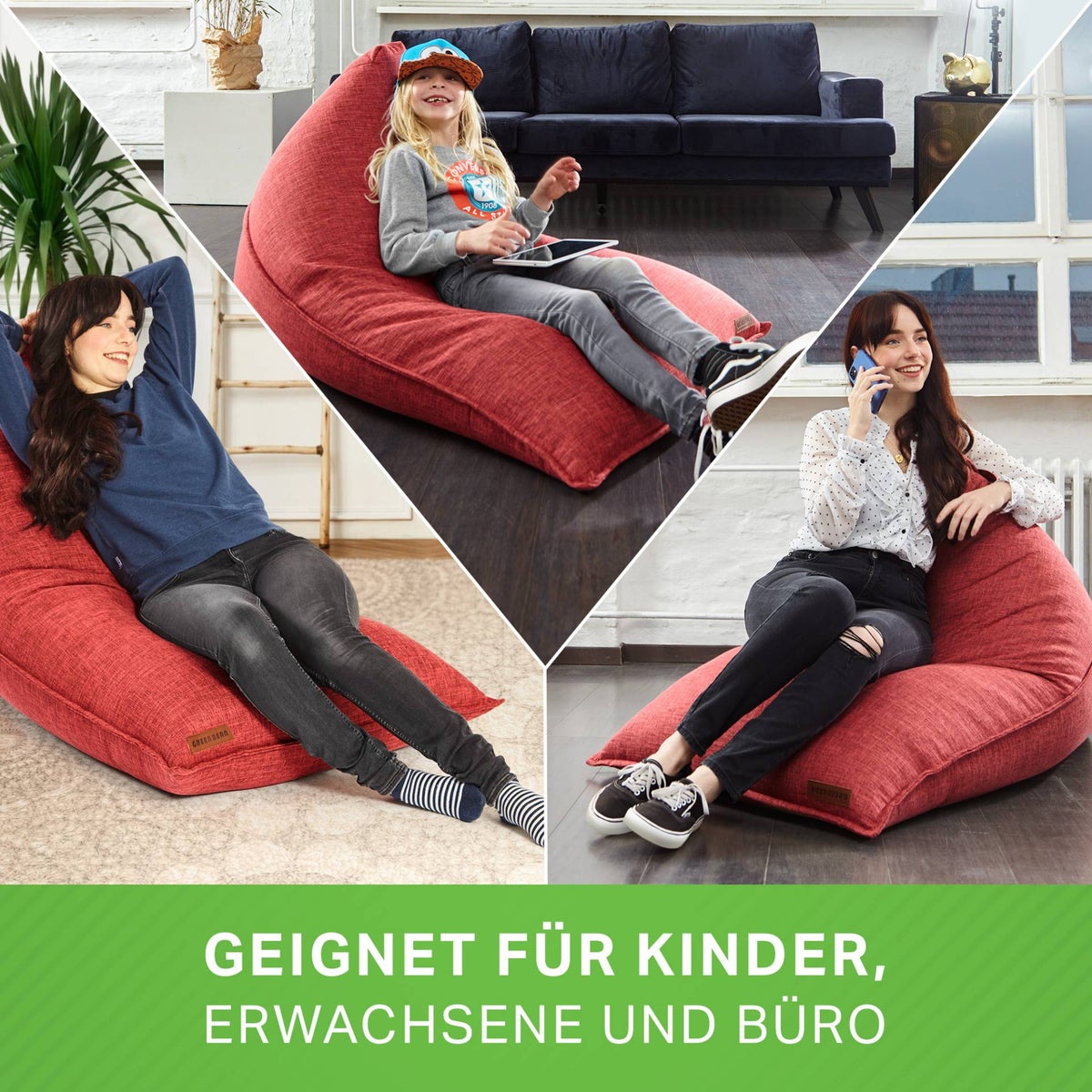 Green Bean Triangle Zitzak 150x100x100cm met 220 liter EPS-korrelvulling - Knuffelzacht en wasbaar - Binnenkussen van stof voor op de vloer, ligstoel, zitkussen - Rood
