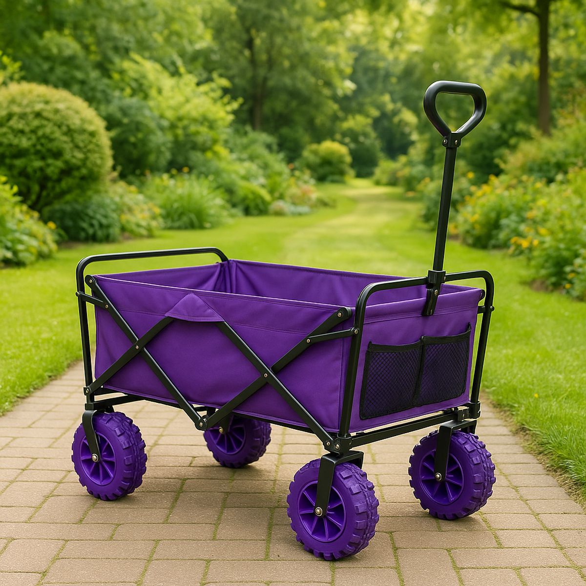 Faltbarer Handwagen lila, Stahlrohr mit Polyester, 90x50x100 cm, Teleskopgriff, Netzseitentasche