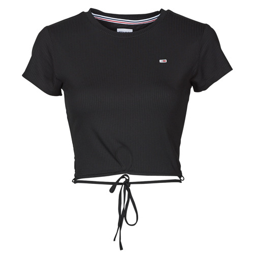 Tommy Jeans - TJW CROP STRAP RIB FRONT KNOT SS - Noir