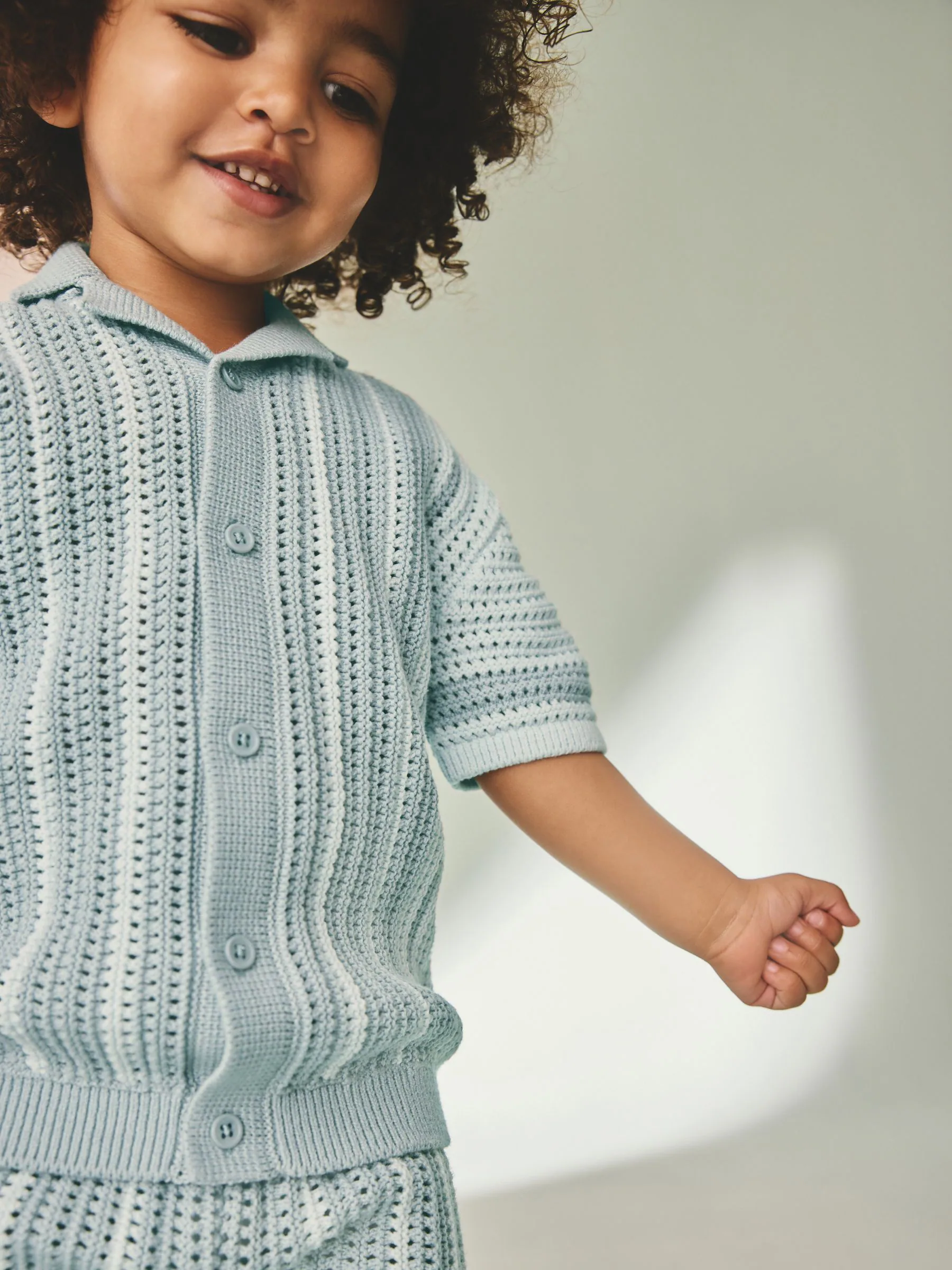 Blauw - Gehaakte gebreide set van overhemd met korte mouwen en shorts (3mnd -10jr)