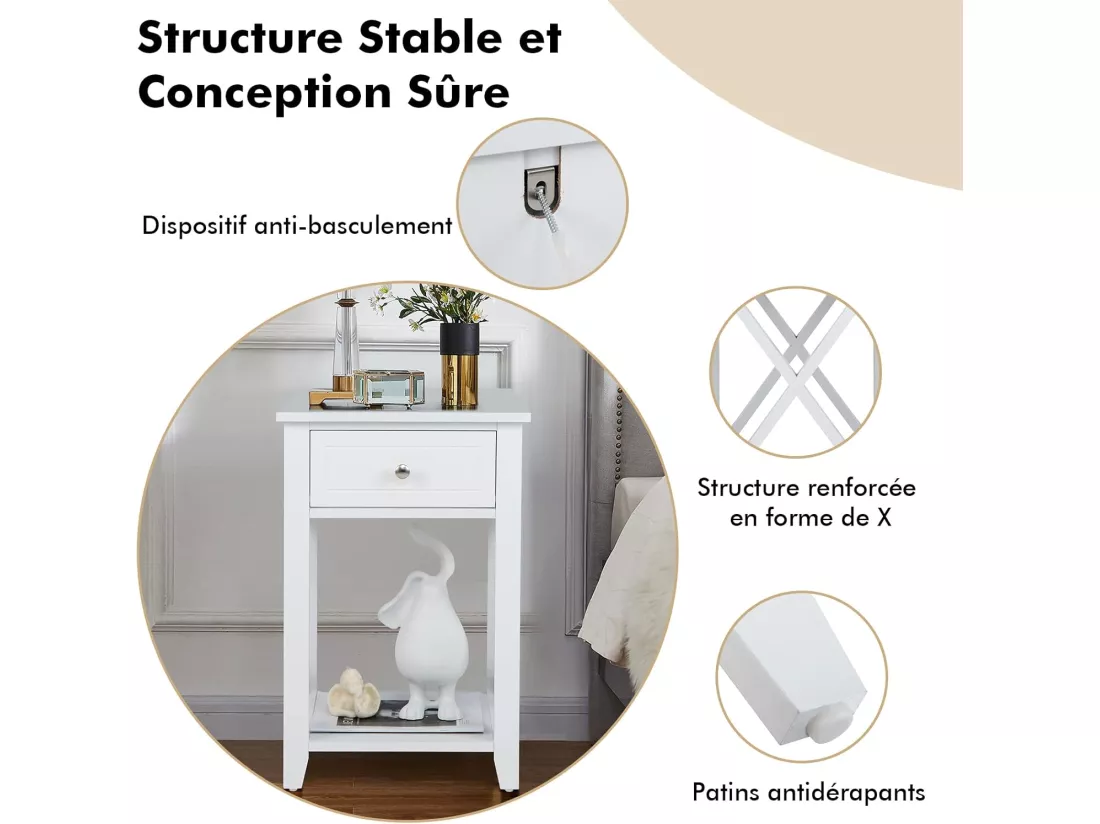 Table de Chevet avec Tiroir et Étagère Ouverte, Table de Nuit Table d'Appoint Poignée en Métal pour Salon, Chambre, Bureau, Appartement, 40x30x61,5cm (Blanc*2)