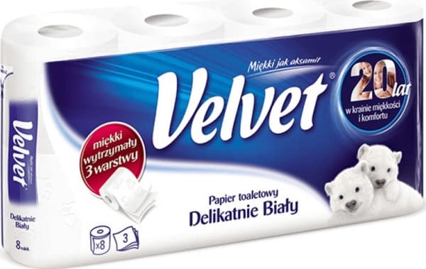 Fløyels delikat hvitt toalettpapir 8 ruller