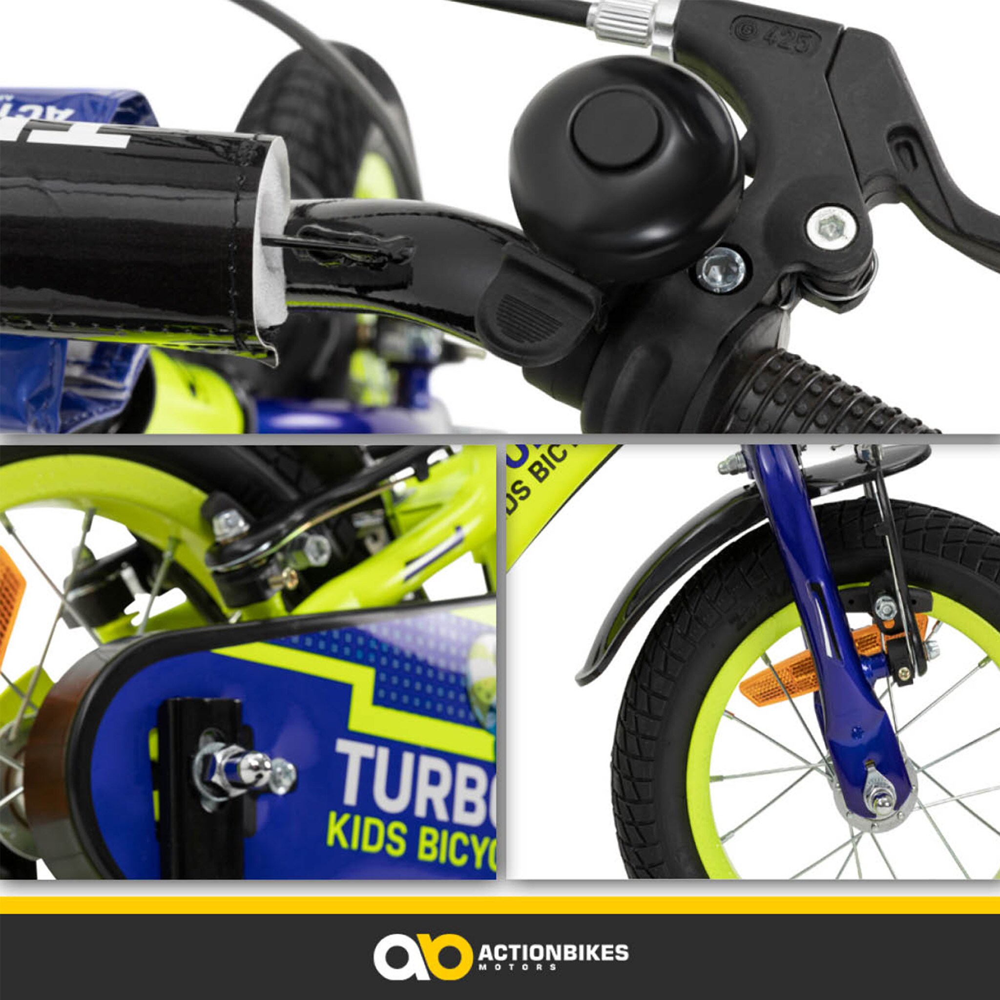 Actionbikes Kinderfahrrad Turbo 12 Zoll, Stützräder, V-Brake-Bremsen, Lenker-/Kettenschutz, Klingel