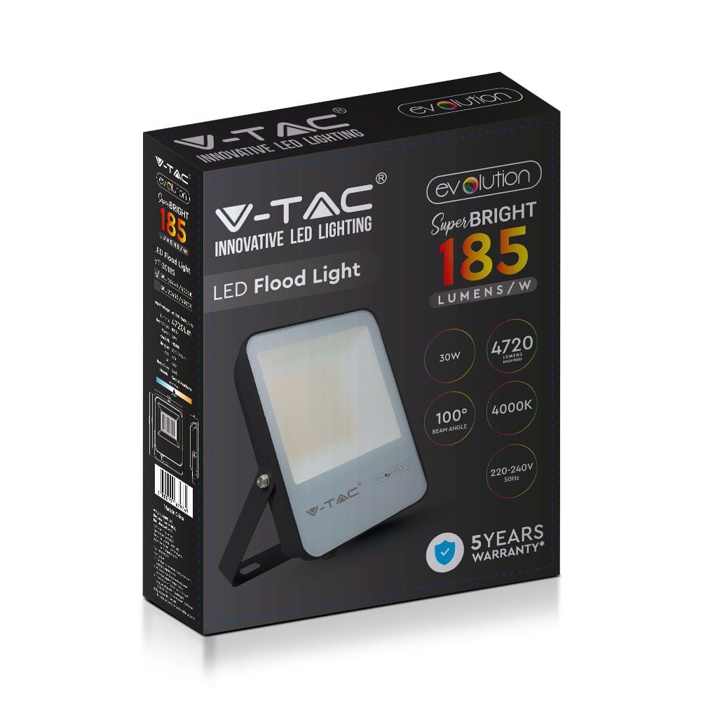 Zwarte LED-schijnwerper - 185lm/w - Evolution - IP65 - 30W - 4720 lumen - 6400K - 5 jaar