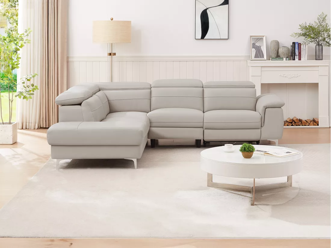 Canapé d'angle gauche relax électrique en cuir gris clair FUSINO