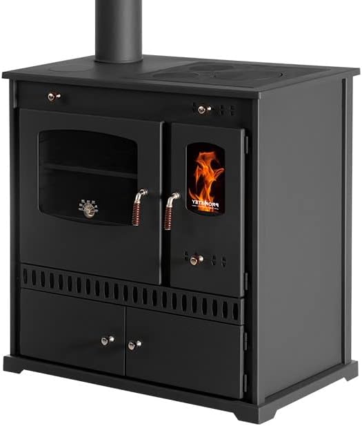 Prometey EEK A+ Kaminofen mit Backfach und Herdplatte Perfect Eco Schwarz Rechts Holzofen 7 kW Kamin Ofen Holz Werkstattofen Hüttenofen Heizofen Gartenofen, L