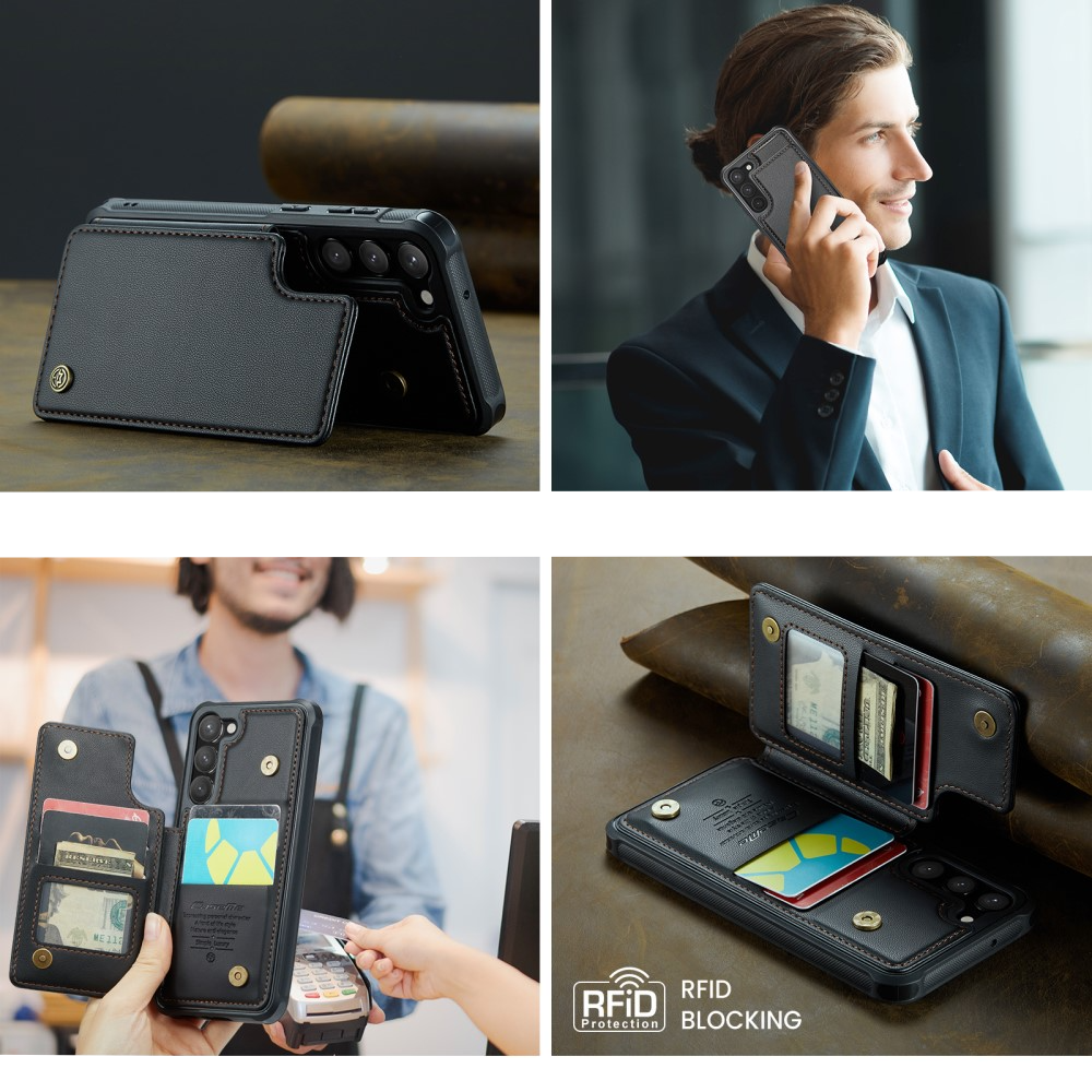 Samsung Galaxy S23 5G Leder Hülle mit Kartenfächern im Litchi Look   Kickstand (RFID Schutz) - Schwarz
