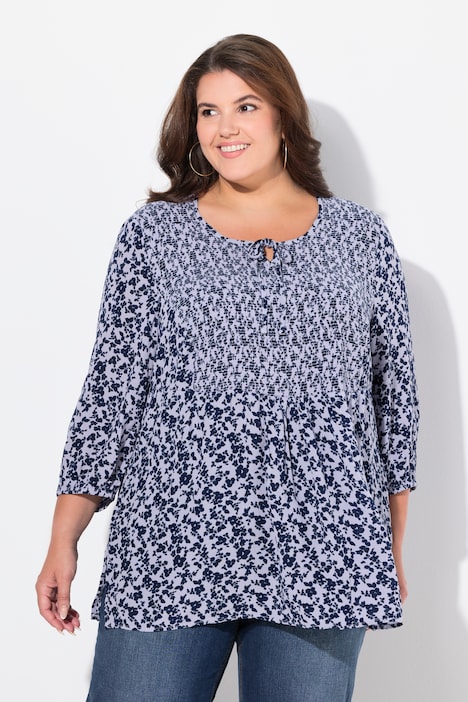Smokbluse, Blüten, A-Linie, Rundhals, 3/4-Arm