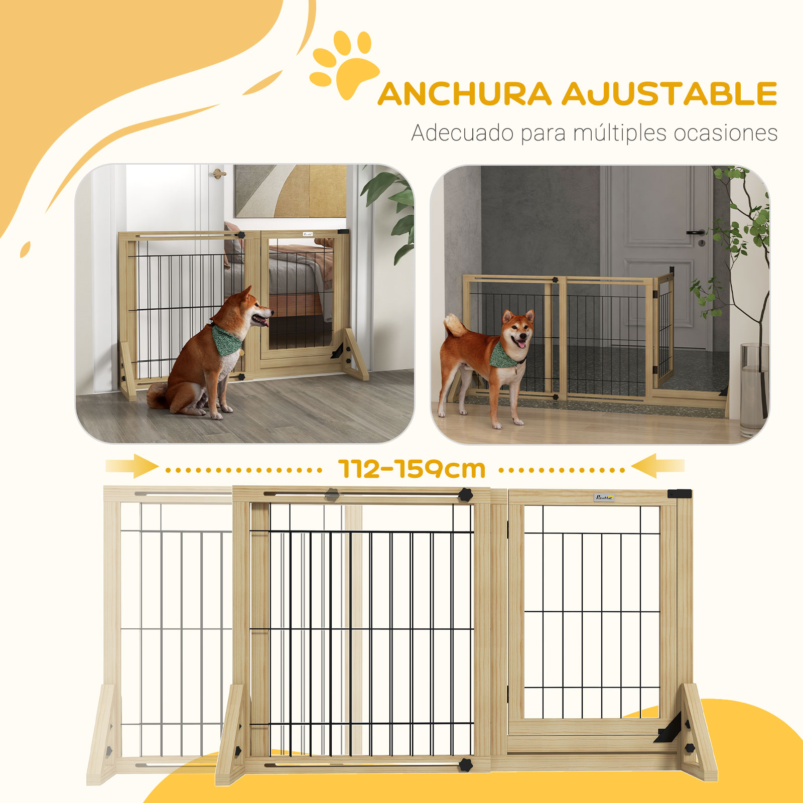 Portão de madeira para cães PawHut, extensível, com 2 painéis e pés de apoio triangulares para portas, corredores e escadas, 112-159 x 44 x 70 cm, cor natural.