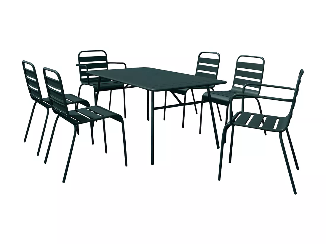 Salle à manger de jardin en métal - une table L.160 cm avec 2 fauteuils empilables et 4 chaises empilables - Vert sapin - MIRMANDE de MYLIA