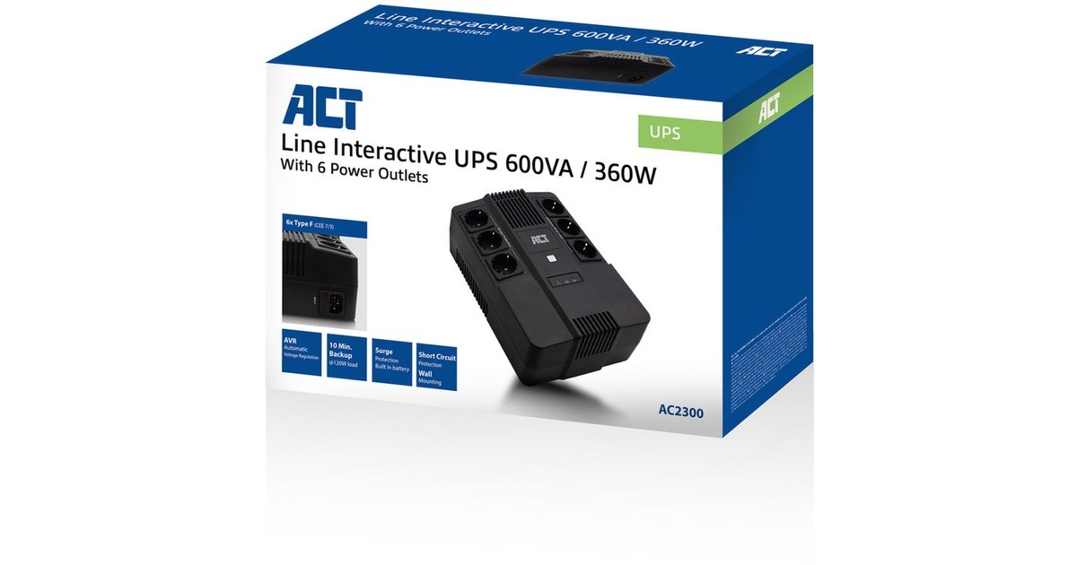 ACT ConnectivityLine Interactive UPS 600VA - met 6 geaarde stopcontacten ups  (Zwart)