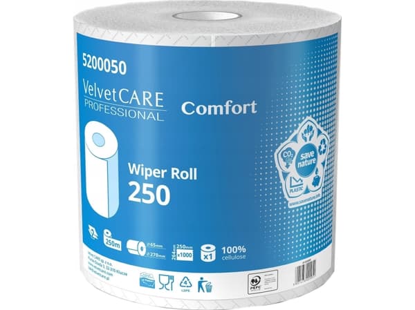 Velvet Renseklut på rull Velvet Care Comfort 250m 2 i hvit cellulose