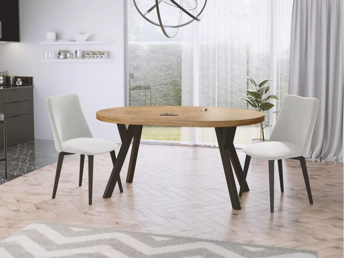 Table à Manger Extensible Ronde Designer - Style Loft, Industriel, Peu Encombrant - Pieds Noirs - 100 à 200 Cm - Pour 5-10 Personnes - Fabriqué En Ue - Chêne Wotan
