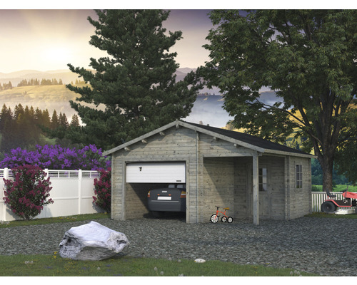 Palmako Roger vrijstaande garage, 21,9+5,2 m², met sectionaaldeur 510 x 550 cm, grijs gegrond.