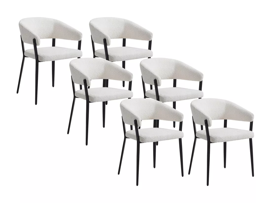 Lot de 6 chaises avec accoudoirs en tissu bouclette et métal noir - Blanc - AVRELA