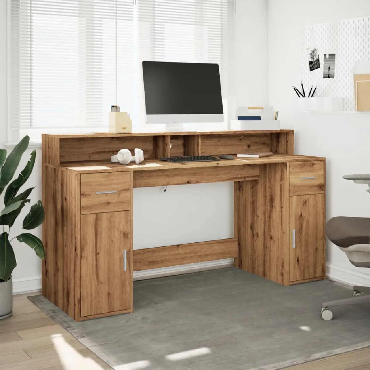 vidaXL Bureau avec LED chêne artisanal