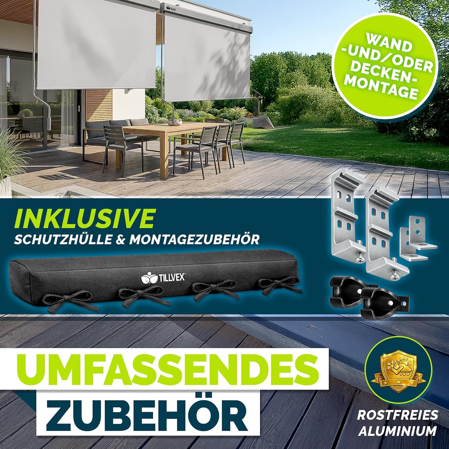 tillvex® Senkrechtmarkise 200 x 250 cm für Außen- und Innenbereich | Außenrollo wasserfest mit Handkurbel für Balkon, Terrasse & Garten | Balkonrollo Sonnenschutz aus Aluminium | Rollo Sichtschutz