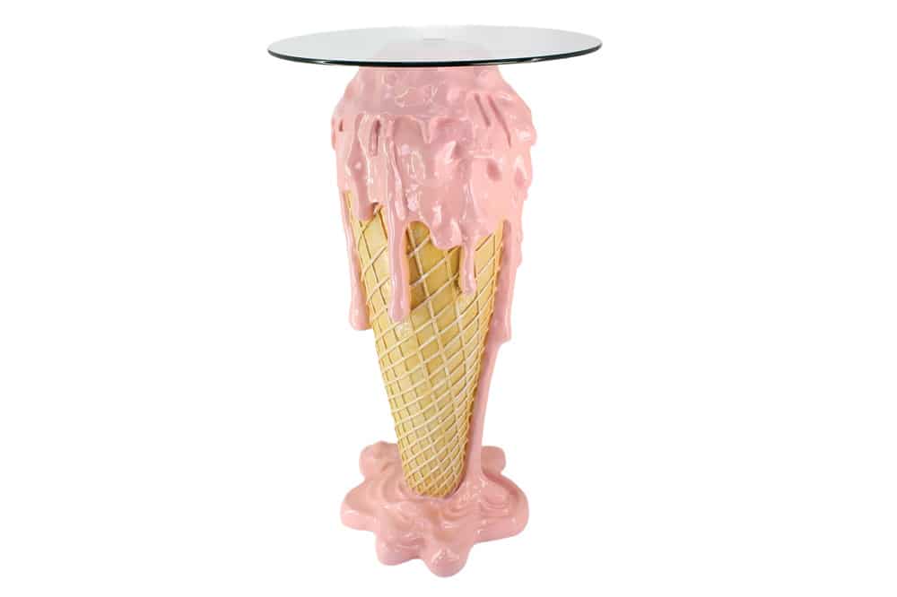 Einzigartiger Bartisch ICE CREAM 105cm beige rosa runde Tischplatte Glas handmade