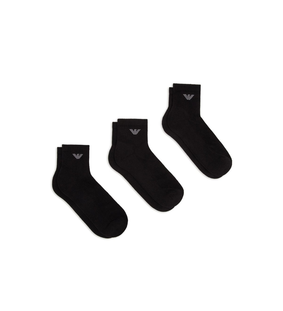 Emporio Armani - Pacote com 3 pares de meias pretas até o tornozelo