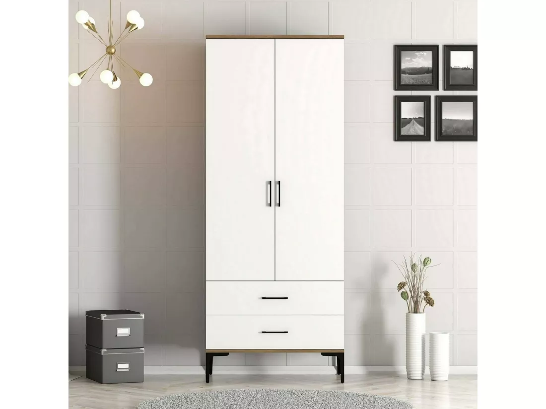 Garde-robe 2 portes Dpan, Meubles de chambre, Penderie de plain-pied, Placard à vêtements, 80x201h48 cm, Noyer et Blanc