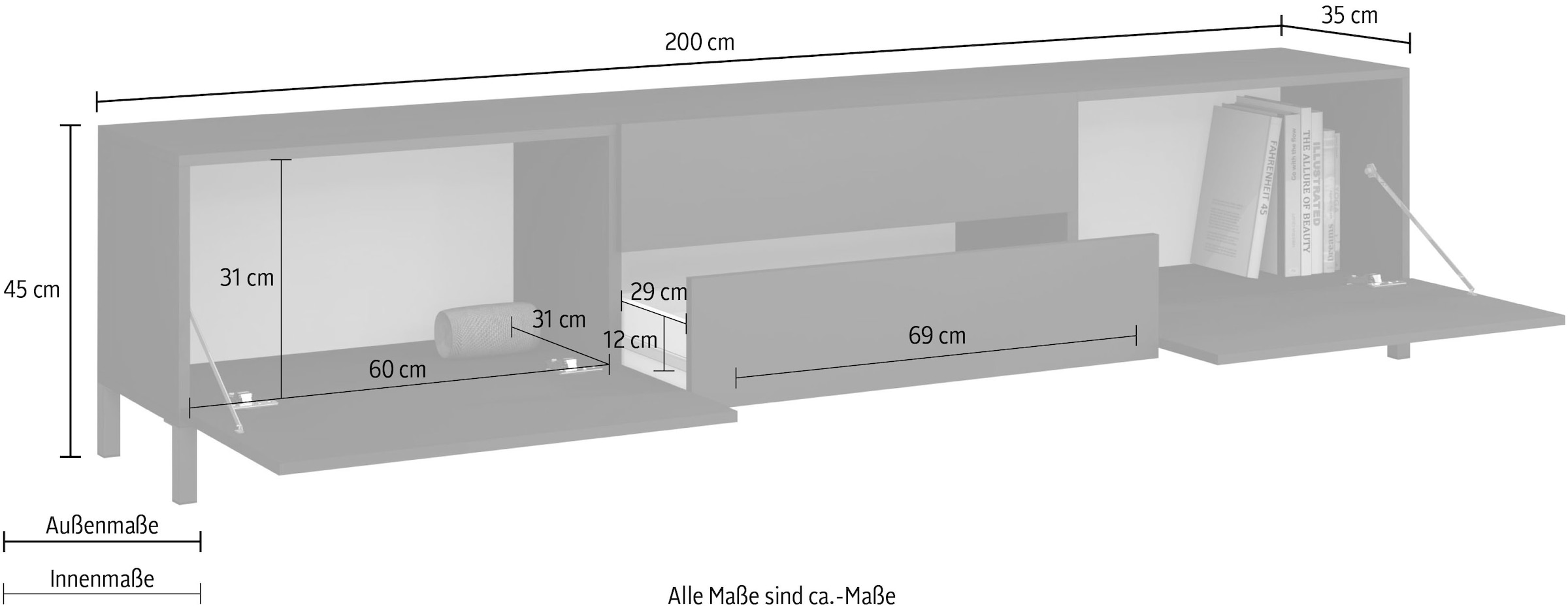 borchardt Möbel Lowboard »Sophia, Breite 200 cm, 2 Klappen, 2 Schubkästen, stehend« Variante hängend unter 