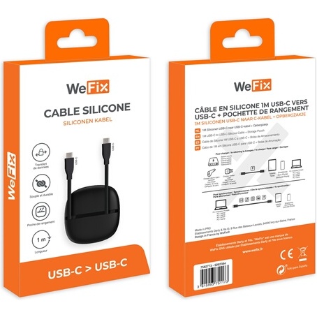 Câble téléphone portable Wefix CABLE SILICONE USB-C VERS USB-C 1M NOIR + ETUI DE RANGEMENT