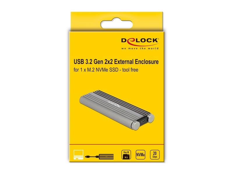 Delock Externes Gehäuse M.2 NVME zu USB USB3.2 Gen2 Typ-C 2 Delock Externes Gehäuse für M.2 NVMe PCIe SSD mit SuperSpeed USB 20 Gbps (USB 3.2 Gen 2 x 2) USB Type-C Buchse – werkzeugfrei