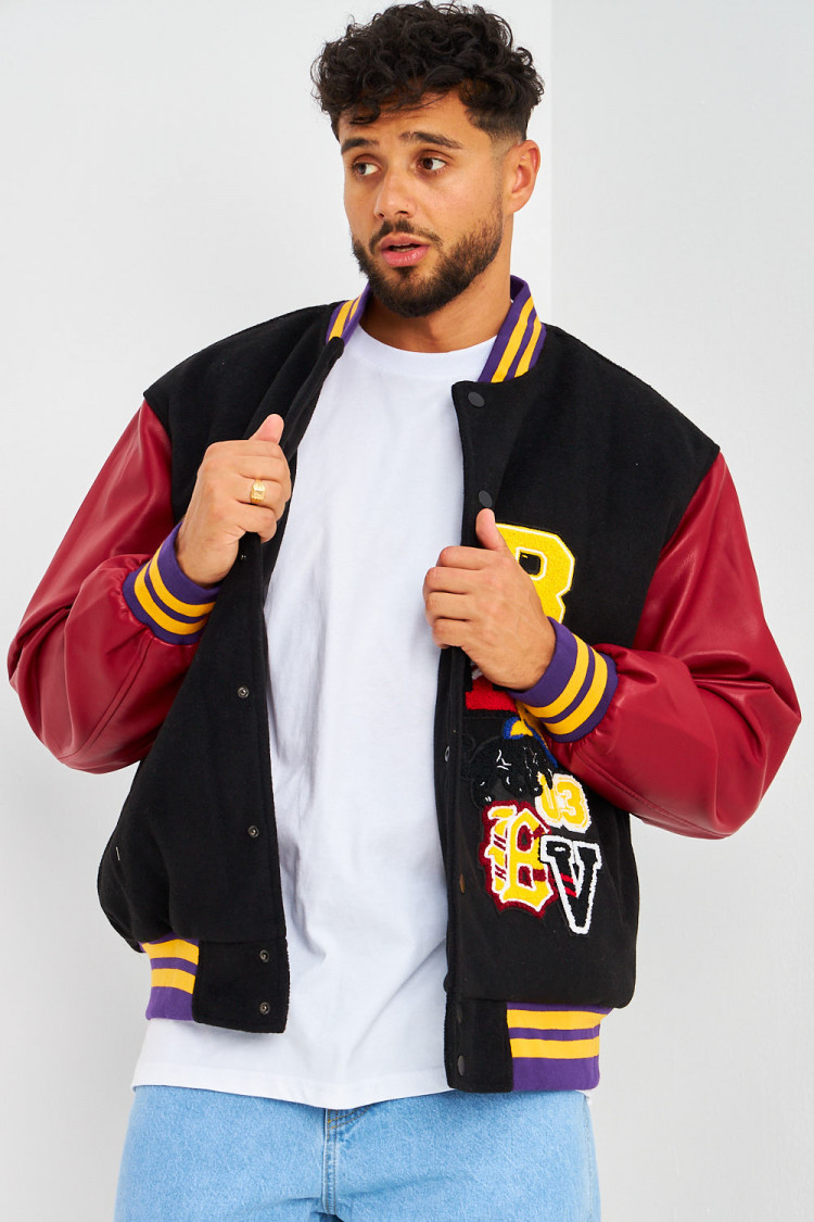 Bomber épais noir à manches simili cuir bordeaux