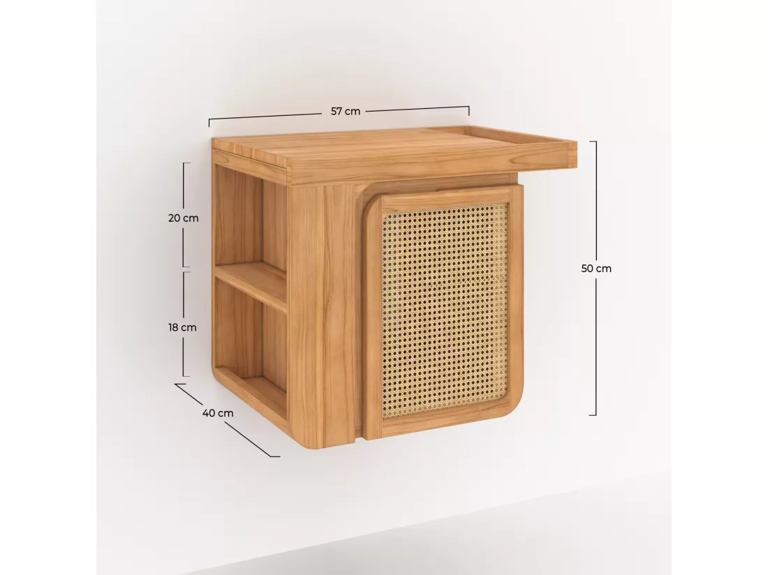 Meuble de salle de bain suspendu en bois de teck et cannage 57 cm - Dami