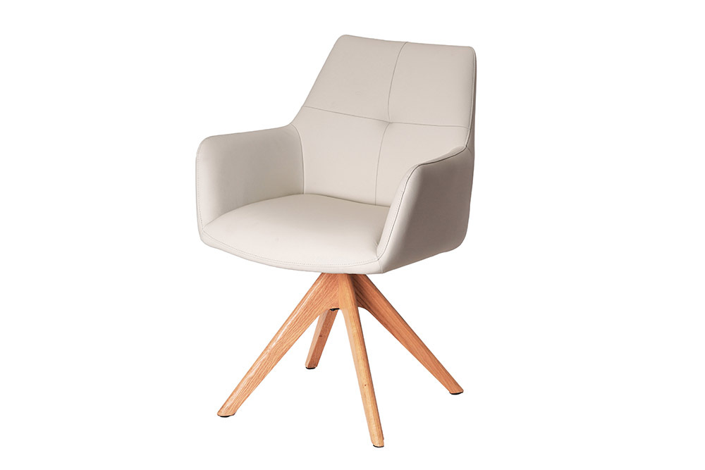 Drehbarer Stuhl ALMARA beige sand Echtleder 360° Taschenfederkern natur Eiche Massivholz