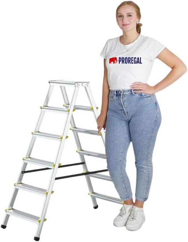 PROREGAL Economy Basic Trapladder, dubbelzijdig toegankelijk, 2 x 6 treden, werkhoogte 3,23 m, draagvermogen 150 kg