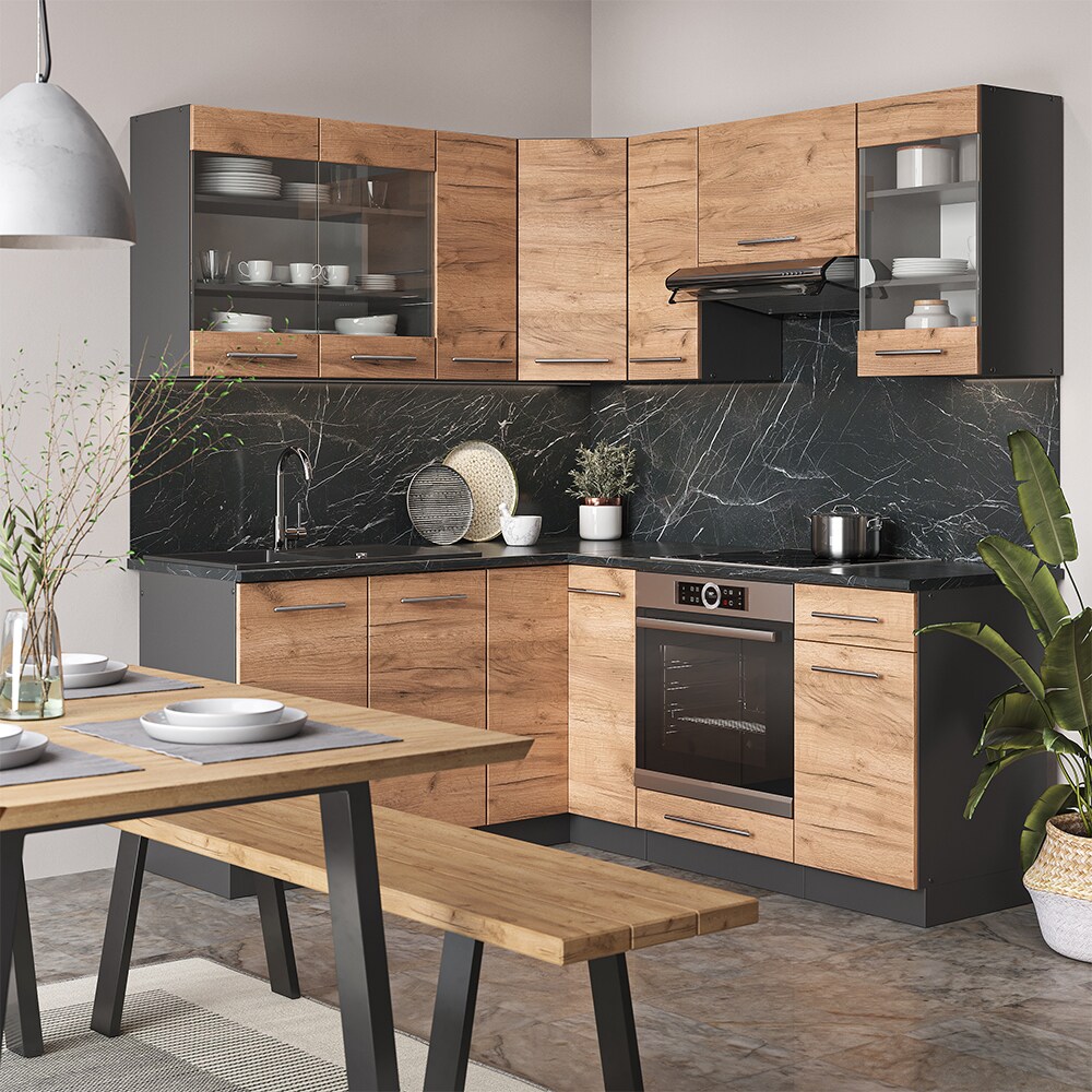 Vicco Eckküche Küchenzeile Einbauküche Fame-Line Anthrazit Eiche 190 cm modern Schubunterschrank Spülenunterschrank Eckunterschrank Herdumbauschrank Hängeglasschrank Hängeschrank