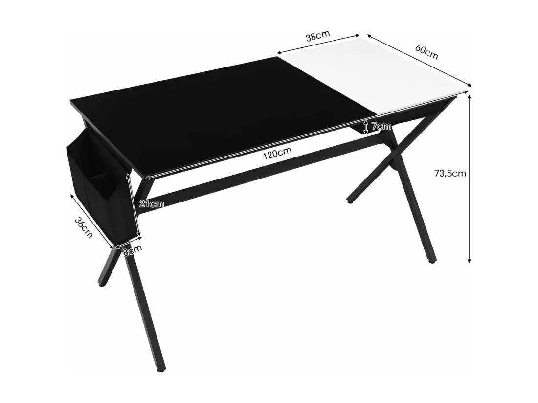 Bureau avec Plateau Blanc Rabattable 120 x 60 cm, Table d'Ordinateur avec Espace de Rangement Caché, Sac de Rangement Latéral, Postes de Travail pour Bureau, Chambre, Salon, Noir + Blanc