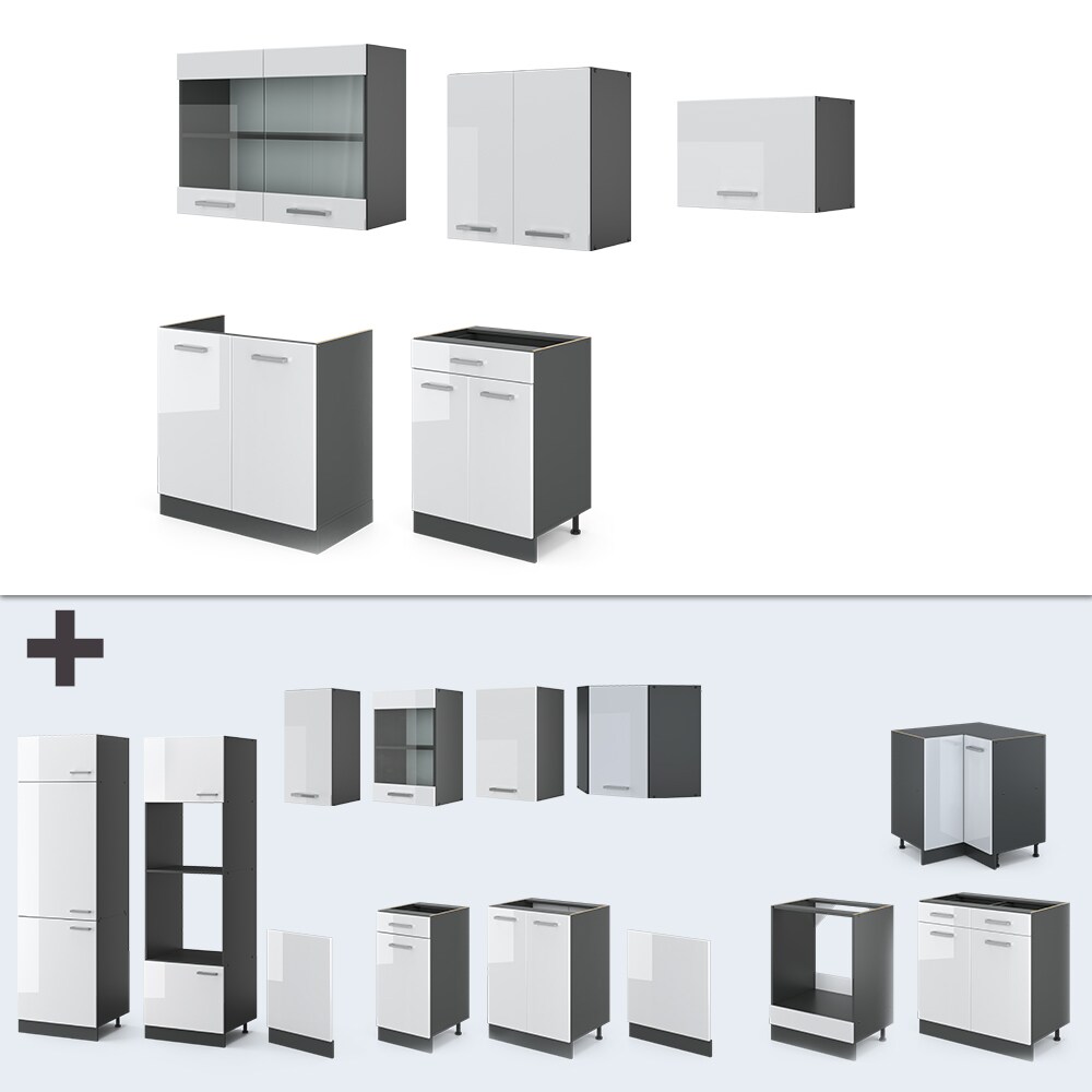 Vicco KÜCHE R-LINE 200CM KÜCHENZEILE KÜCHENBLOCK EINBAU Anthrazit Weiß Hochglanz