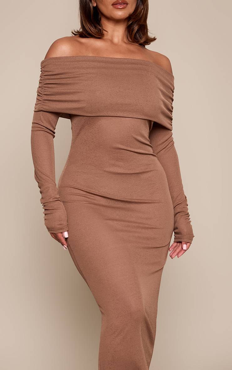 Chocolat Robe Maxi Moulante En Mesh Transparent À Col Bardot
