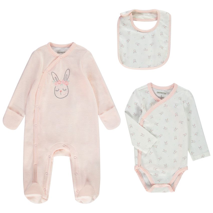 Set dors-bien en velours + body + bavoir imprimé lapins pour bébé fille - Rose
