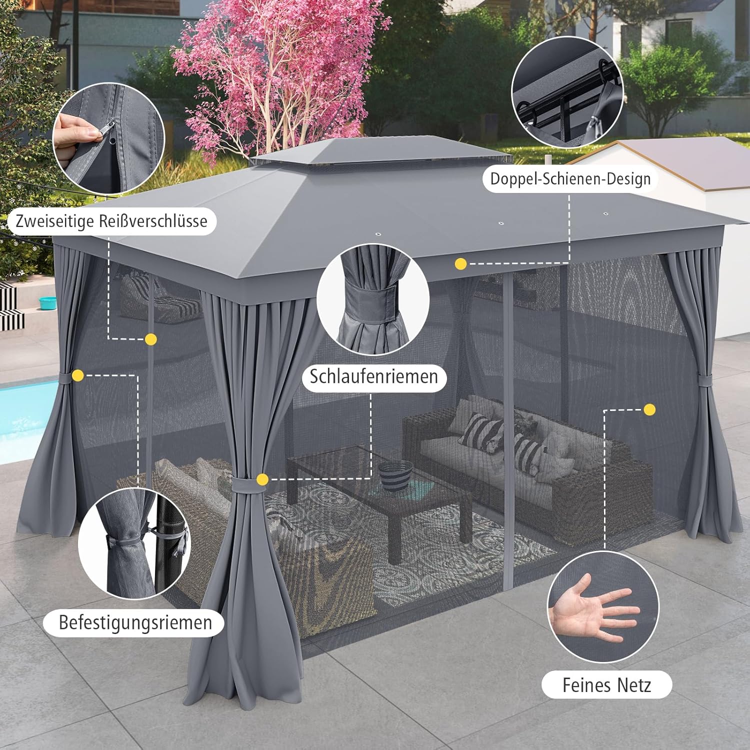 COSTWAY Pavillon 3 x 4 m, Gartenpavillon mit Moskitonetz & Vorhang & Doppeldach, Pavillonzelt Wasserdicht, Winterfest Sonnenschutz Gartenzelt, Terassenpavillon für Terrasse, Garten, Rasen
