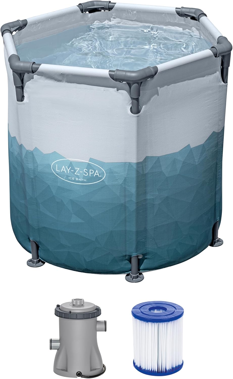 Bestway Lay-Z-SPA Eisbad Glacial Dip, 90 x 80 cm, 253 Liter, Polar-Shield, TriTech-Material, Filterpumpe, Abdeckplane, Eismuster, Stahlrahmen, GS-Zertifiziert, DEKRA