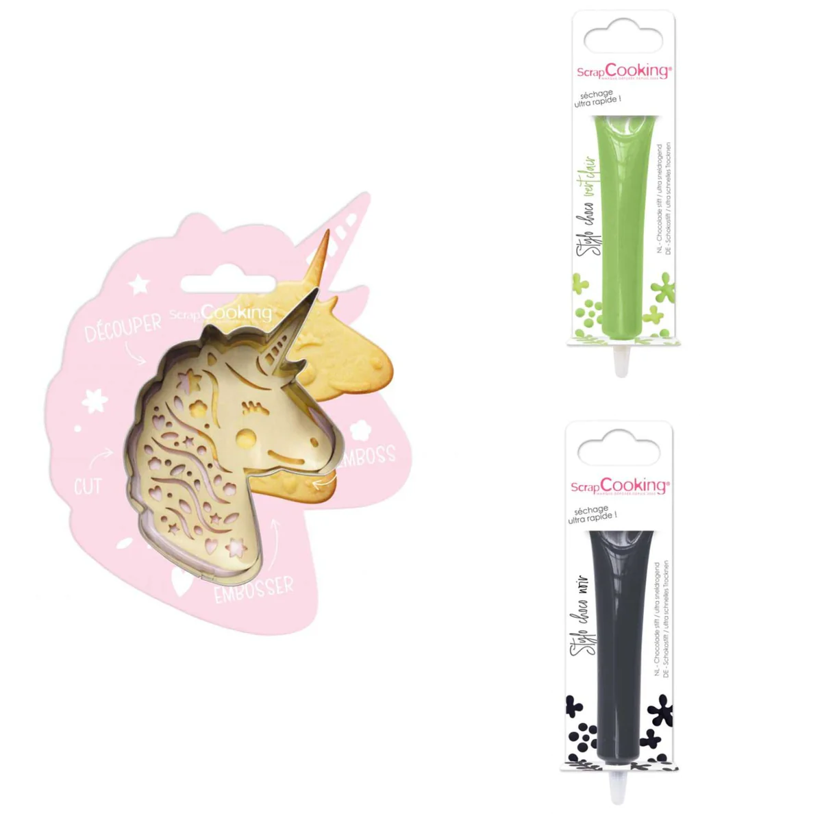 Kit pour biscuit en relief Licorne + 2 Stylos au chocolat vert clair e