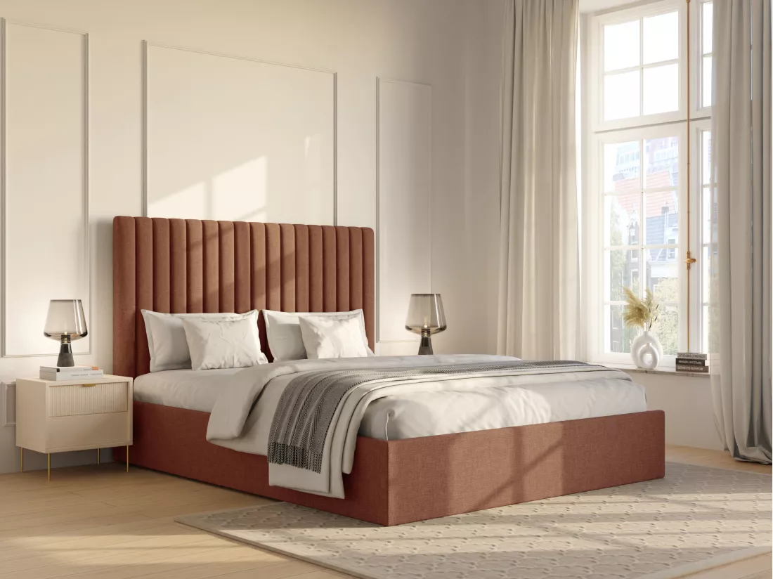 Lit coffre 160 x 200 cm avec tête de lit coutures verticales - Tissu - Terracotta - SARAH