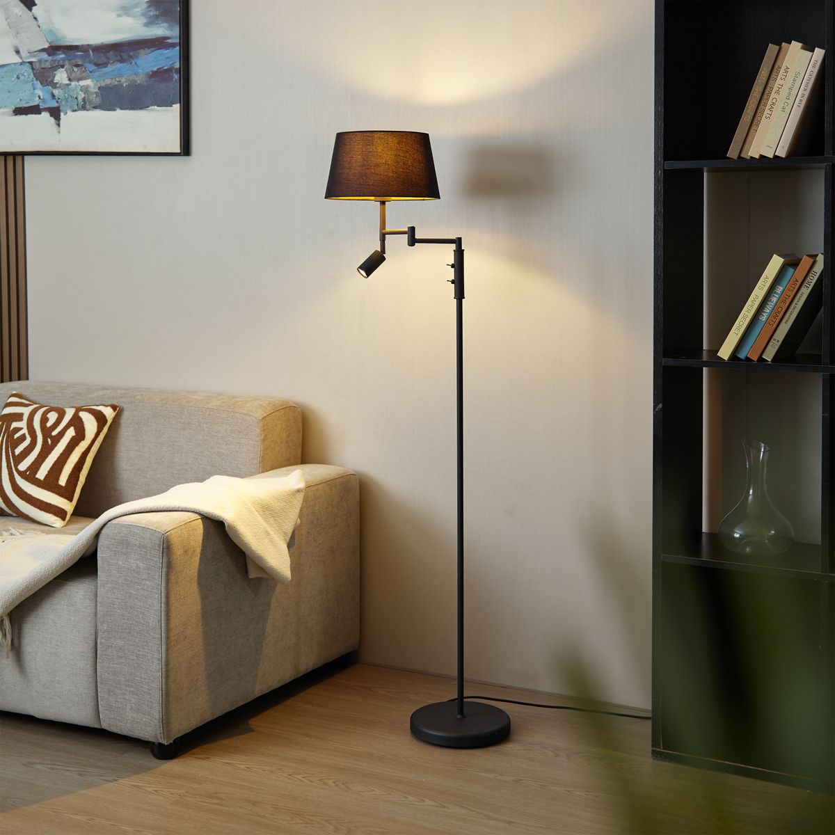 Vloerlamp zwart met zwarte kap en verstelbare leeslamp - Ladas