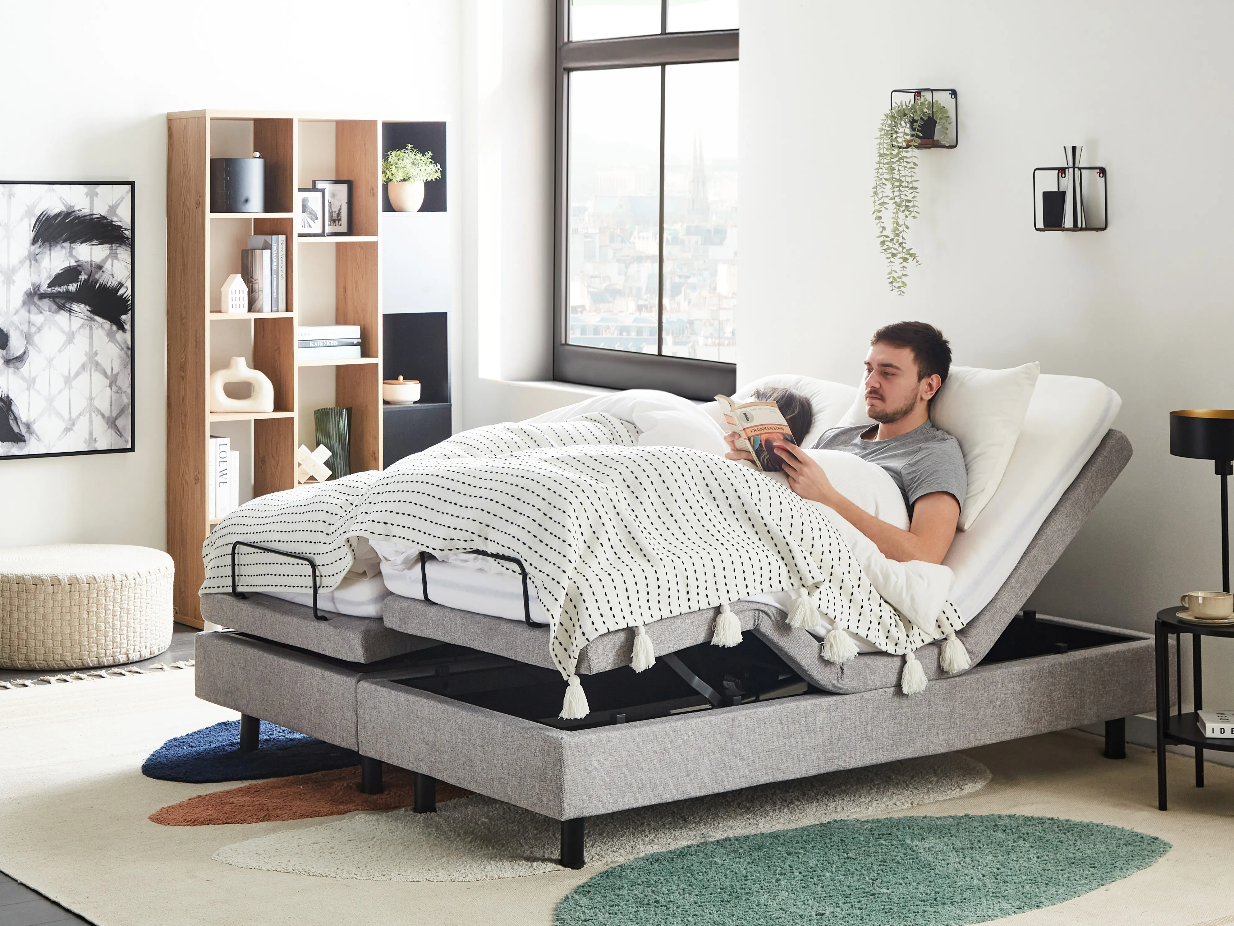 Verstelbaar bed zonder hoofdbord Stof CASTELLAN 160 x 200 cm Lichtgrijs
