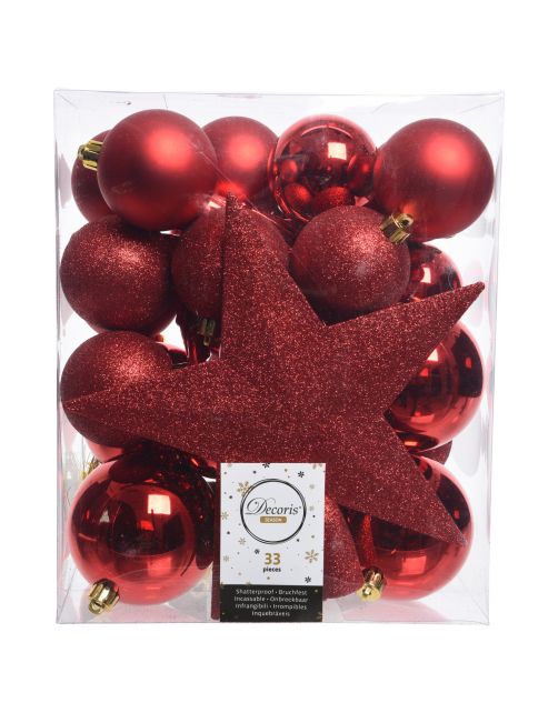 Decoris Kerstboomdecoratie - Kerstboomversiering - Ø8 cm Rood 33 33-Delig