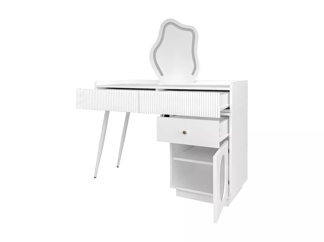 Coiffeuse avec miroir et éclairage LED - 2 tiroirs et une armoire amovible - Blanc (tabouret non inclus)